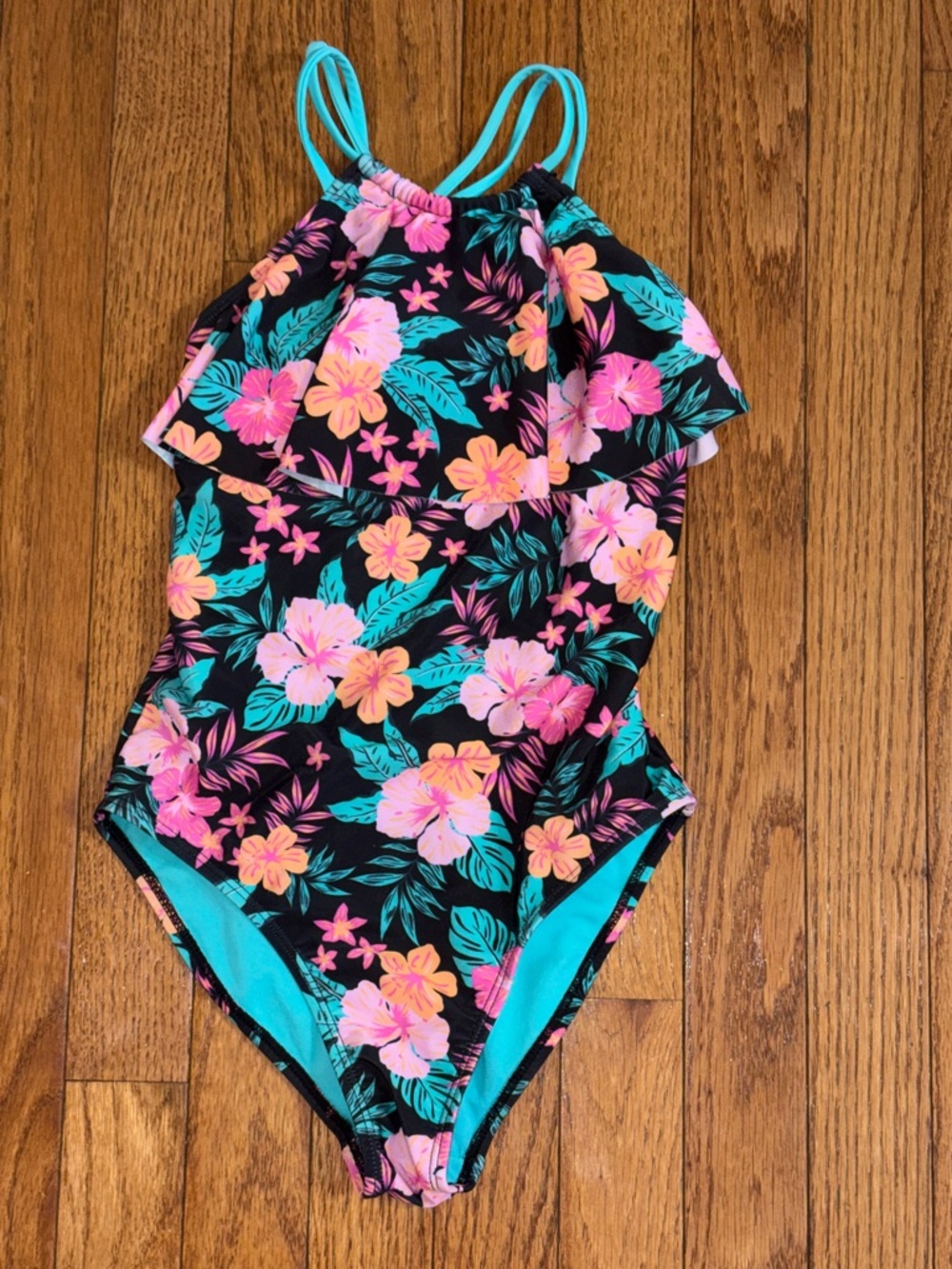 wonder nation Black Floral One-Piece Swimsuit with Pink & Teal